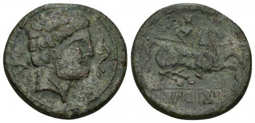 36 - HISPANIA ANTIGUA. KONTERBIA KARBIKA. Unidad. A/ Cabeza masculina barbada y con collar a der., delante delfín, detrás signo ibérico Ko. R/ Jinete lancero a der., debajo bajo línea KoNTeBaKoM. AE 11,13 g. 26,2 mm. I-849. ACIP-1833. Pátina verde rugosa. MBC/MBC-. Rara.