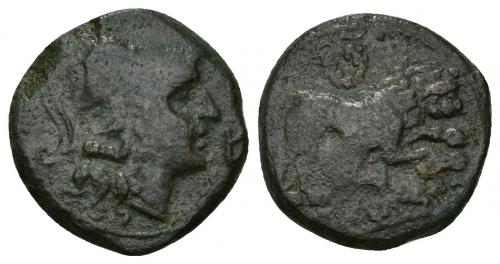 47 - HISPANIA ANTIGUA. UNTIKESKEN. Cuadrante. A/ Cabeza de Palas a der., delante signo ibérico E. R/ León a der., encima láurea, debajo (UN)TiKeSKeN. AE 5,59 g. 18,4 mm. I-1229. ACIP-1001. Pátina verde oscuro. BC+. Ex Pliego, 18-12-1998.