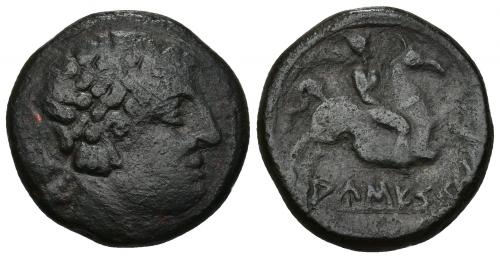 5 - HISPANIA ANTIGUA. AUSESKEN. As. A/ Cabeza masculina a der., detrás jabalí, poco visible. R/ Jinete con palma a der., debajo sobre línea AUSESKeN. AE 12,81 g. 25,8 mm. I-170. ACIP-1301. Pátina oscura. BC+.