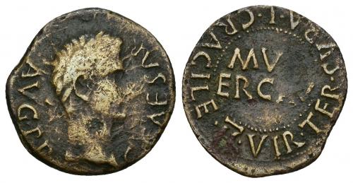51 - HISPANIA ANTIGUA. ERCAVICA. Calígula. Semis. A/ Cabeza laureada a der.; C CAESAR AVG (P P). R/ MV(N)/ERCAV, alrededor TER SVRA L GRACILE II VIR. AE 3,15 g. 20,4 mm. I-1290. APRH-467. ACIP-3194. BC+/MBC-.