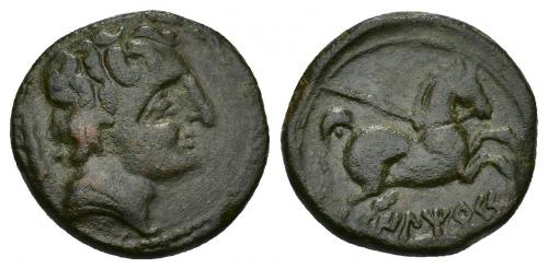 63 - HISPANIA ANTIGUA. ILTIRKESKEN. Mitad. A/ Cabeza masculina con cuello vestido a der., detrás palma. R/ Caballo con rienda suelta a der., debajo ILTiRKeS. AE 6,97 g. 20,7 mm. I-1450 vte. ACIP-1390. Pátina verde. MBC-. Muy rara.