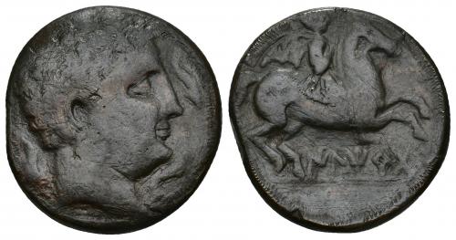 65 - HISPANIA ANTIGUA. ILTIRTA. As. A/ Cabeza masculina a der., alrededor tres delfines. R/ Jinete con palma a der., debajo sobre línea ILTiRTa. AE 23,84 g. 32,8 mm. I-1461. ACIP-1236. Campos repasados. Pátina oscura. BC+. Escasa. Ex Hervera, 6-7-1993.