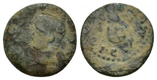 81 - HISPANIA ANTIGUA. ITALICA. Tiberio. Cuadrante. A/ Cabeza masculina a izq. (PER CAE) AVG. R/ Cornucopia y globo; MVNIC ITALIC. AE 3,37 g. 19,69 mm. MC/RC. Rara. I-1588. APRH-72. ACIP-3341.