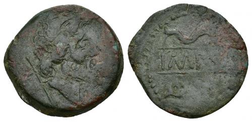 83 - HISPANIA ANTIGUA. KETOVION-SALACIA. As. A/ Cabeza de Neptuno a der., detrás tridente. R/ Dos delfines a der., en medio entre líneas IMP (SAL). AE 11,33 g. 27,69 mm. I-1641. ACIP-988. Pátina verde y roja. BC+. Rara. Ex Áureo, 22-10-1998, lote 2172.