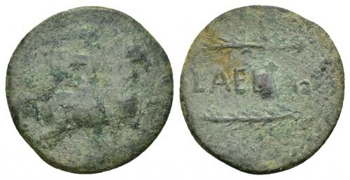 85 - HISPANIA ANTIGUA. LAELIA. As. A/ Jinete lancero a der. R/ Dos espigas a izq., en medio LAELIA. AE 7,22 g. 25,56 mm. I-1649. ACIP-2368. Pátina verde. RC/BC+. Muy escasa.