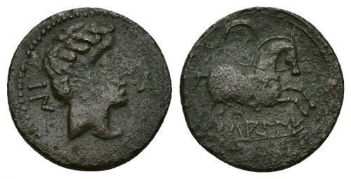 88 - HISPANIA ANTIGUA. LAKINE. Mitad. A/ Cabeza masculina a der., delante delfín, detrás BaN. R/ Caballo con rienda suelta a der, debajo sobre línea LAKiNE. AE 3,48 g. 19,35 mm. I-1567. ACIP-1506. Vano en anv. MBC/MBC-. Muy rara. Ex Áureo, 21-1-1997, lote 219.