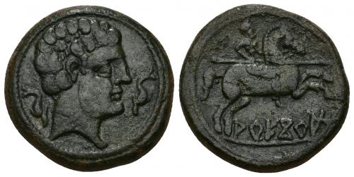 1 - HISPANIA ANTIGUA. AREKORATAS. As. A/ Cabeza masculina a der. entre dos delfines. R/ Jinete lancero a der., debajo sobre línea AREKoRATa (signos A y Ta nexados). AE 11,70 g. 25,6 mm. I-117. ACIP-1778. Pátina verde oscuro. MBC. Ex Áureo 50 (19-10-1994), lote 1126.