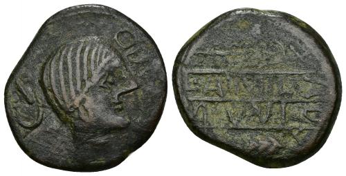 10 - HISPANIA ANTIGUA. OBULCO. As. A/ Cabeza femenina con moño a der.; detrás creciente con aspa, delante OB(VLCO). R/ Arado y espiga a izq., en medio entre líneas L AIMIL/M IVNI/AID. AE 12,35 g. 26,7 mm. I-1815. ACIP-2228. Pátina oscura. MBC-. Rarísima.