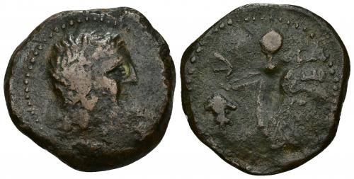 11 - HISPANIA ANTIGUA. OSSET. As. A/ Cabeza masculina a der. R/ Figura masculina a izq. con racimo de uvas, detrás (OS)ET. AE 21,61 g. 31,7 mm. I-1947. ACIP-2463. Vanos. MBC-/BC+. Rara.