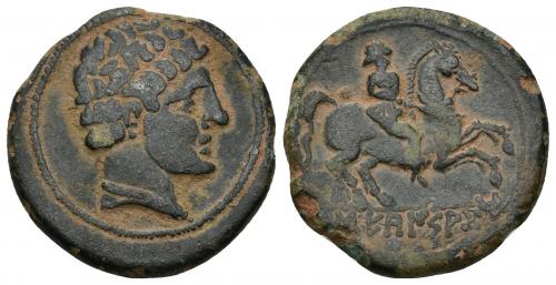 12 - HISPANIA ANTIGUA. SEKAISAKOM. Unidad. A/ Cabeza masculina con collar a der. R/ Jinete a der., bajo línea SEKaISAKoM. AE 9,46 g. 25,5 mm. I-2116. ACIP-1540. Pátina verde oscuro. MBC. Rara.