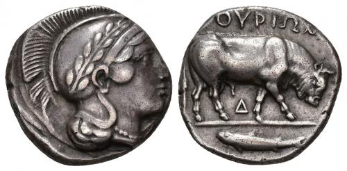 18 - GRECIA ANTIGUA. LUCANIA. THORION. Estátera (c. 425-400 a.C.). A/ Cabeza de Atenea con casco y laureada a der. R/ Toro a der., enciam QOURIWN, entre las patas D, en exergo pez. AR 7,87 g. 19,5 mm. COP-1414. SBG-435 vte. MBC+. Ex subasta Ibergold Madrid (8-5-1990).