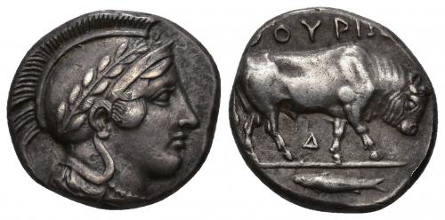 19 - GRECIA ANTIGUA. LUCANIA. THORION. Estátera (c. 425-400 a.C.). A/ Cabeza de Atenea con casco y laureada a der. R/ Toro a der., encima QOURIWN, entre las patas D, en exergo pez. AR 7,96 g. 18,4 mm. COP-1414. SBG-435 vte. Golpecito en anv. Pátina gris. MBC+. Ex subasta Jesús Vico 110 (9-3-2006), lote 85.