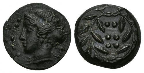 28 - GRECIA ANTIGUA. SICILIA. HIMERA. Hemilitra (c. 413-408 a.C.). A/ Cabeza femenina a izq., debajo M-E. R/ Corona de laurel, dentro 6 glóbulos. AE 3,66 g. 15,3 mm. COP-320 vte. SBG-1110. Pátina oscura. EBC-/EBC. Ex subasta José Antonio Herreo (21-11-1991).