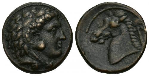 29 - GRECIA ANTIGUA. SICILIA. Emisiones sículo-púnicas. Fantasía del Renacimiento. AE. A/ Cabeza de Melkart con leonté a der. R/ Cabeza de caballo a izq., detrás palmera, debajo ley. púnica poco visible. AE 11,82 g. 24,5 mm. COP-985 sim. MBC+/MBC.