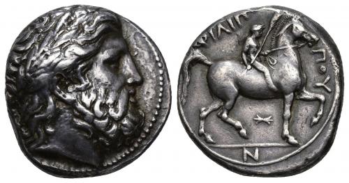30 - GRECIA ANTIGUA. MACEDONIA. Filipo II. Tetradracma. A/ Cabeza de Zeus a der. R/ Jinete con palma a der., debajo haz de rayos, en exergo N; FILIPPOU. AR 14,42 g. 23,2 mm. COP-556 vte. SBG-6680 vte. MBC+.