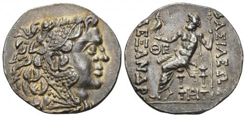 31 - GRECIA ANTIGUA. MACEDONIA. Alejandro III (a nombre de). Odessos, Tracia. Tetradracma. A/ Cabeza de Alejandro con leonté a der. R/ Zeus entronizado a izq. , debajo del trono monograma, en campo a izq. QE. AR 16,50 g. 28,9 mm. PRC-1181. R.B.O. EBC. Ex subasta Jesús Vico 37 (26-3-1998), lote 77.