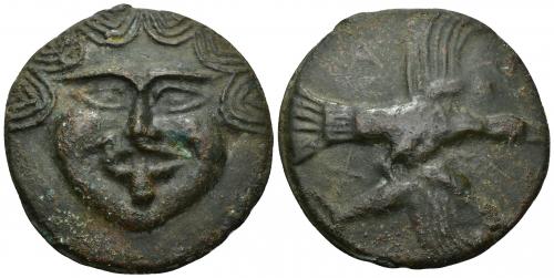35 - GRECIA ANTIGUA. ESCITIA. Olbia. Aes Grave (437-410 a.C.). A/ Cabeza de Gorgona. R/ Águila volando a der. con delfín entre las garras. A-P-I-X. SNG BM Mar Negro 383. SBG-1682. AE 130,22 g. 68,8 mm. Leves oxidaciones. MBC+. Compra privada Dmitry Markov (2018).