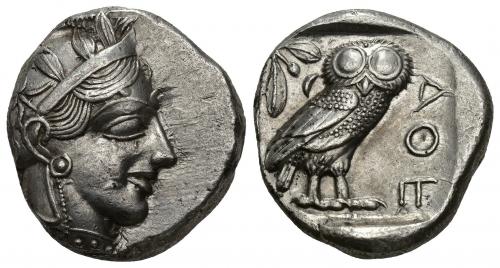 39   -  GRECIA ANTIGUA. ÁTICA. Atenas. Tetradracma (c. 479-393 a.C.). A/ Cabeza de Atenea a der. R/ Lechuza a der. AR 17,17 g. 24,1 mm. COP-34 ss. Anv. descentrado. EBC-. 
