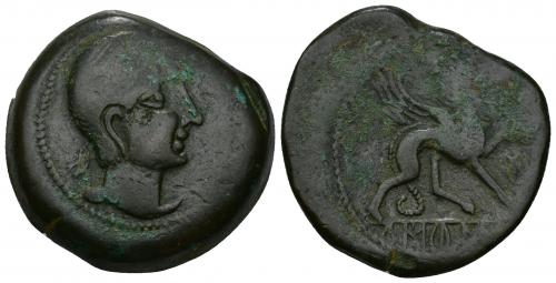 4 - HISPANIA ANTIGUA. KASTILO-CASTULO. As. A/ Cabeza masculina diademada a der. R/ Esfinge avanzando a der., delante Ko, debajo KaSTiLO. AE 30,14 g. 33,8 mm. I-697. ACIP-2113. Vanos. Pátina verde. MBC. Rara.