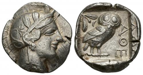 40 - GRECIA ANTIGUA. ÁTICA. Atenas. Tetradracma (c. 479-393 a.C.). A/ Cabeza de Atenea a der. R/ Lechuza a der. AR 17,18 g. 26,4 mm. COP-34 ss. Cospel abierto. MBC+.