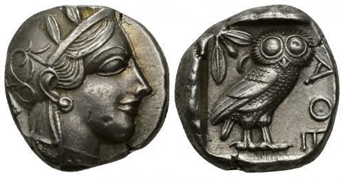 41 - GRECIA ANTIGUA. ÁTICA. Atenas. Tetradracma (c. 479-393 a.C.). A/ Cabeza de Atenea a der. R/ Lechuza a der. AR 17,21 g. 23,1 mm. COP-34 ss. Pequeñas marcas. MBC+.