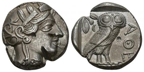 42 - GRECIA ANTIGUA. ÁTICA. Atenas. Tetradracma (c. 479-393 a.C.). A/ Cabeza de Atenea a der. R/ Lechuza a der. Punzón. AR 16,70 g. 24,1 mm. COP-34 ss. Golpe de cizalla y 2 punzones. EBC-/MBC+.