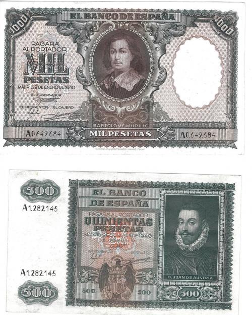 BILLETES ESPAÑOLES. Lote de 2 billetes: 500 y 1000 pts. 1-1