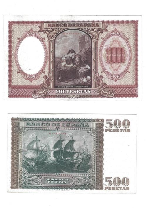 BILLETES ESPAÑOLES. Lote de 2 billetes: 500 y 1000 pts. 1-1