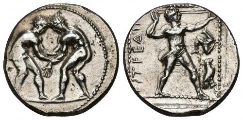 48   -  GRECIA ANTIGUA. PANFILIA. Aspendos. Estátera (fines s. V-III a.C.). A/ Dos luchadores. R/ Hondero a der., delante trisqueles y águila, detrás ESTFDD/(US). AR 10,86 g. 22,2 mm. COP-206. SBG-5390 vte. Vano. MBC+.