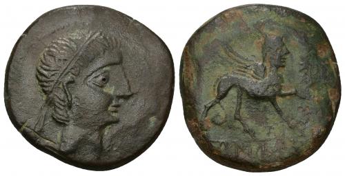 5 - HISPANIA ANTIGUA. CASTULO. As. A/ Cabeza masculina diademada a der. R/ Esfinge a der., delante estrella, debajo KaSTiLO. AE 18,57 g. 29 mm. I-707. ACIP-2126. Pátina marrón y verde. MBC/BC+. Ex subasta Áureo, 47 (14-6-1994), lote 2117.