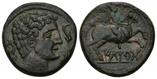 6 - HISPANIA ANTIGUA. ILTIRTA. As. A/ Cabeza masculina a der., alrededor tres delfines. R/ Jinete con palma a der., debajo sobre línea ILTiRTa. AE 12,33 g. 25,5 mm. I-1465. ACIP-1251. Pátina verde oscuro. EBC-/MBC+.
