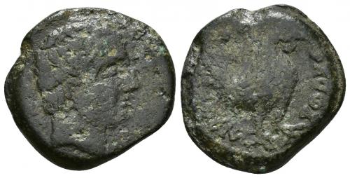 11 - HISPANIA ANTIGUA. AREKORATAS. Semis. A/ Cabeza masculina a der., delante, dos glóbulos, detrás signos ibéricos (SO)S. R/ Gallo a der., encima dos glóbulos, debajo ley. en curva (A)REIKoRATaS. AE 12,73 g. 26,2 mm. CNH-2. ACIP-1740. CC-2011, mismo ejemplar. Pátina verde con pequeñas erosiones. BC. Rara.