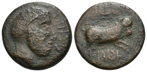15 - HISPANIA ANTIGUA. ASIDO. As. A/ Cabeza masculina a der., delante ASIDO poco visible. R/ Toro corriendo a der., encima creciente y estrella, debajo ´sdnbl. AE 13,93 g. 26,4 mm. I-153. ACIP-913. BC+. Escasa.