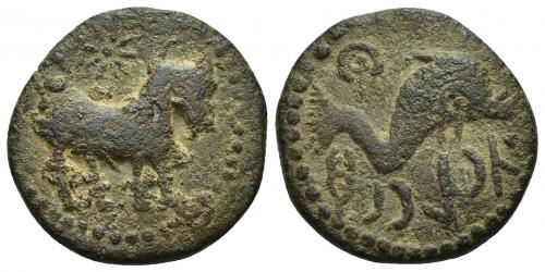 16 - HISPANIA ANTIGUA. ASIDO. Semis. A/ Toro a der., encima estrella. R/ Delfín a der., encima creciente con glóbulo, debajo `sd'nbl y caduceo. AE 8,63 g. 24,3 mm. I-158. ACIP-914. MBC-.