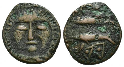 19 - HISPANIA ANTIGUA. ASIDO. Semis. A/ Cabeza frontal de Melkart con leonté. R/ Dos atunes a izq., debajo b'b'l. AE 4,58 g. 18,8 mm. I-156. ACIP-919. Erosiones en rev. MBC-. Muy escasa.