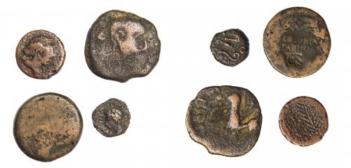 2 - HISPANIA ANTIGUA. Lote de 4 monedas Colonia Patricia (2), Cerit, Florentia-Ilberir. Cuadrante, semis y as (2). BC/MBC.