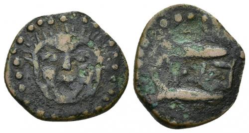 20 - HISPANIA ANTIGUA. ASIDO. Semis. A/ Cabeza frontal de Melkart con leonté. R/ Dos atunes a der., en medio b'b'l. AE 3,49 g. 20,5 mm. I-155. ACIP-920. BC+. Rarísima.