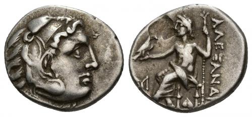 216   -  GRECIA ANTIGUA. MACEDONIA. Alejandro III. Dracma. Abydus (?). R/ Monograma M delante de Zeus y hoja de hiedra bajo el trono. AR 4,16 g. 18,7 mm. PRC-1527. MBC.