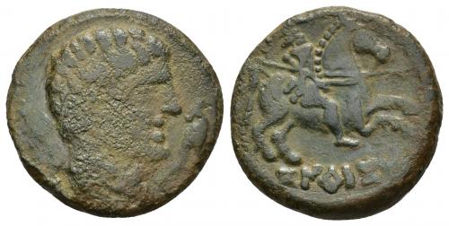 23 - HISPANIA ANTIGUA. KONTERBIA BELAISKA. Unidad. A/ Cabeza masculina a der., delante delfín, detrás BeL. R/ Jinete lancero a der., debajo KoNTeBaKoM, sin línea. AE 7,59 g. 23,5 mm. CNH-2 vte. ACIP-1585 vte. CC-2273, mismo ejemplar. Pátina verde rugosa. BC+/MBC-. Muy rara.