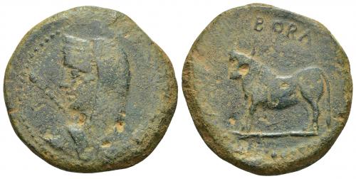 27 - HISPANIA ANTIGUA. BORA. As. A/ Cabeza femenina velada y diademada a izq., por detrás cetro. R/ Toro sobre línea a izq.; encima BORA. AE 21,18 g. 34,8 mm. CNH-1. ACIP-2309. CC-3626, mismo ejemplar. Pátina verde. MBC- para esta serie. Escasa.