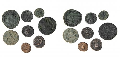 274   -  IMPERIO ROMANO. Lote de 8 monedas AE: 1 cuadrante de Trajano y 7 follis de diferentes módulos. RC/MBC.