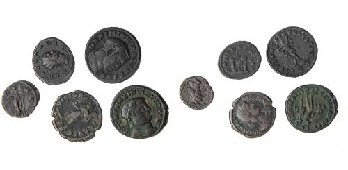 275   -  IMPERIO ROMANO. Lote de 5 monedas: 3 follis (Maximiano, Maximino II y Magno Máximo) y 2 antoninianos (Claudio II y Tétrico I). BC+/MBC.