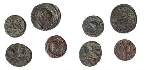 277   -  IMPERIO ROMANO. Lote de 4 monedas follis (3) y 1/2 follis. Licinio II, Galerio Maximino, Tiberio II Constantino y León V. MBC-/MBC+. 
