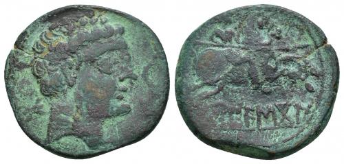 28 - HISPANIA ANTIGUA. BORNESKON. Unidad. A/ Cabeza masculina a der., delante delfín, detrás signo ibérico Bo. R/ Jinete lancero a der., debajo sobre líne BoRNESKoN. AE 7,50 g. 25 mm. CNH-3. ACIP-1586. CC-2165, mismo ejemplar. Fina grieta. Pátina verde. MBC-/BC+. Rarísima.