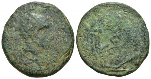 29 - HISPANIA ANTIGUA. BRUTOBRIGA. As. A/Cabeza masculina a der.: T MANLIVS F SERGIA. R/ Barco y debajo pez; BRVTOBRIGA, gráfila lineal por el interior de la ley. AE 20,57 g. 33,4 mm. CNH-No. ACIP-2483. CC-3221, mismo ejemplar. Pátina verde. RC. Rarísima, 2 ejemplares conocidos.