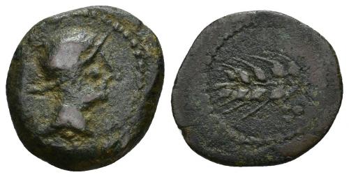 33 - HISPANIA ANTIGUA. CARMO. Sextans. A/ Cabeza con casco a der. R/ Espiga, a izq. tres glóbulos. AE 3,79 g. 19,3 mm. I-472. ACIP-2385. Pátina oscura. MBC-/BC+. Muy rara.