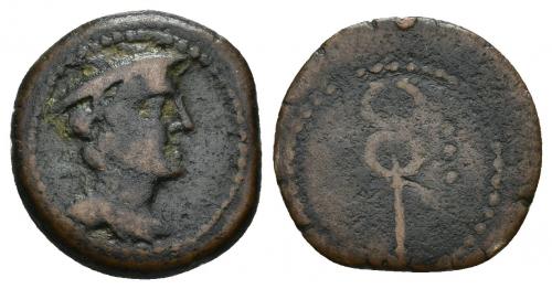 34 - HISPANIA ANTIGUA. CARMO. Sextante. A/ Cabeza de Mercurio a der. R/ Caduceo; a der. 3 puntos. AE 2,91 g. 17,3 mm. CNH-12. ACIP-2392. CC-3455, mismo ejemplar. MBC-/BC-. Rara. Ex colección Villoldo.