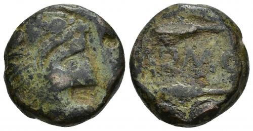 35 - HISPANIA ANTIGUA. CARMO. As. A/ Cabeza con leonté a der. R/ Dos espigas a izq., en medio (C)ARMO. AE 20,0 g. 22,2 mm. I-468. ACIP-2397. BC+/BC. Muy rara.