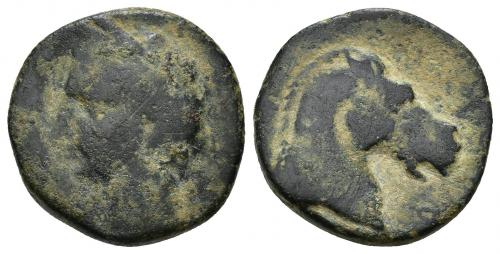 37 - HISPANIA ANTIGUA. EMISIONES HISPANO-CARTAGINESAS. Unidad. A/ Cabeza femenina con tocado de espigas a izq. R/ Cabeza de caballo a der., debajo beth. AE 7,26 g. 20,7 mm. ACIP-579. CC-180, mismo ejemplar. BC/MBC-.