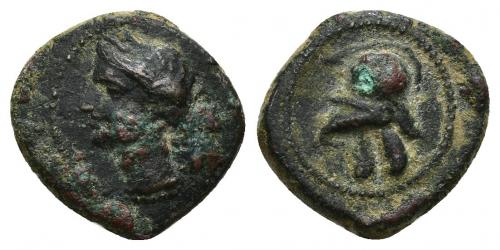 39 - HISPANIA ANTIGUA. EMISIONES HISPANO-CARTAGINESAS. Cuarto. A/ Cabeza femenina a izq. R/ Casco a izq. AE 2,27 g. 14,8 mm. ACIP-583. CC-190, mismo ejemplar. Oxidación. MBC-/MBC.
